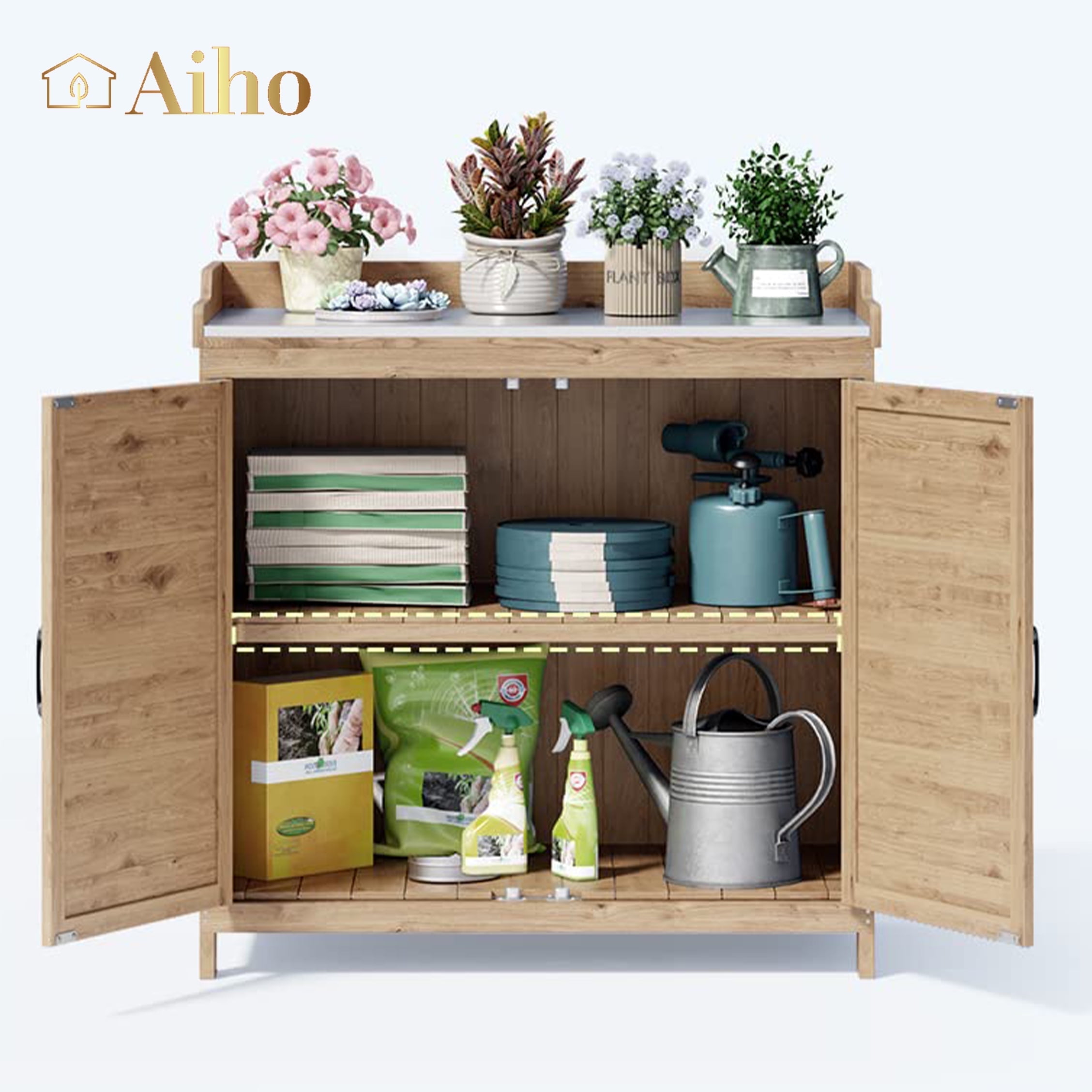 Weatherproof Outdoor Potting Bench with Metal Tabletop, Wooden Outdoor Storage Cabinet with Adjustable Shelf & Double Doors, Garden Work Bench Table for Backyard, Patio, Lawn - Yellow - Walmart.com
