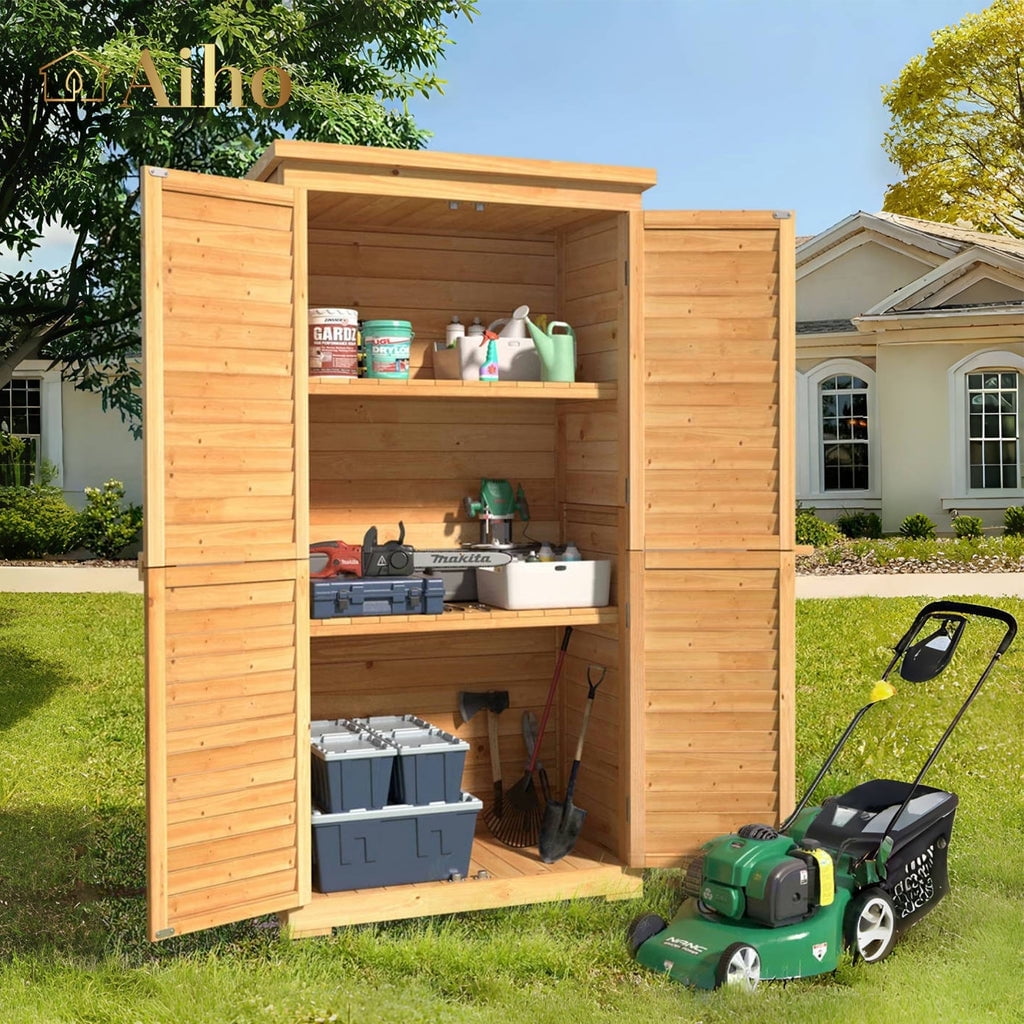Natural Fir Wood Lockable Outdoor Storage Shed with Asphalt Roof