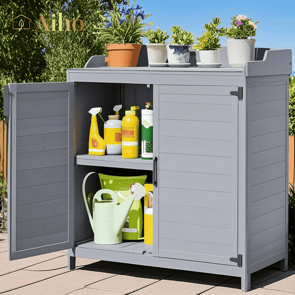 Aiho outdoor Storage Cabinet & Potting Bench Table with Metal Top, Wooden Patio Furniture, Garden Workstation - Gray
