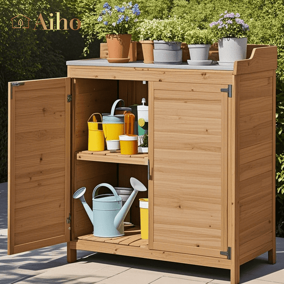 Aiho outdoor Storage Cabinet & Potting Bench Table with Metal Top, Wooden Patio Furniture, Garden Workstation - Natural