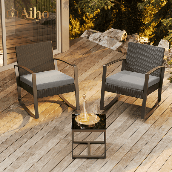 Aiho outdoor rocking chairs set of 3 with PE Wicker, All-Weather outdoor patio furniture set with Coffee Table and Soft cushions, For Garden, Backyard, Poolside, Balcony, Patio and Porch-Gray