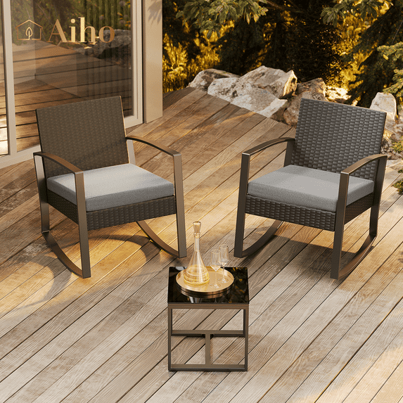 Patio Furniture Set, 3 PCS Outdoor Rocking Chairs Set with Glass Table for Garden, Backyard, Poolside, Balcony, Patio and Porch, Gray Cushion