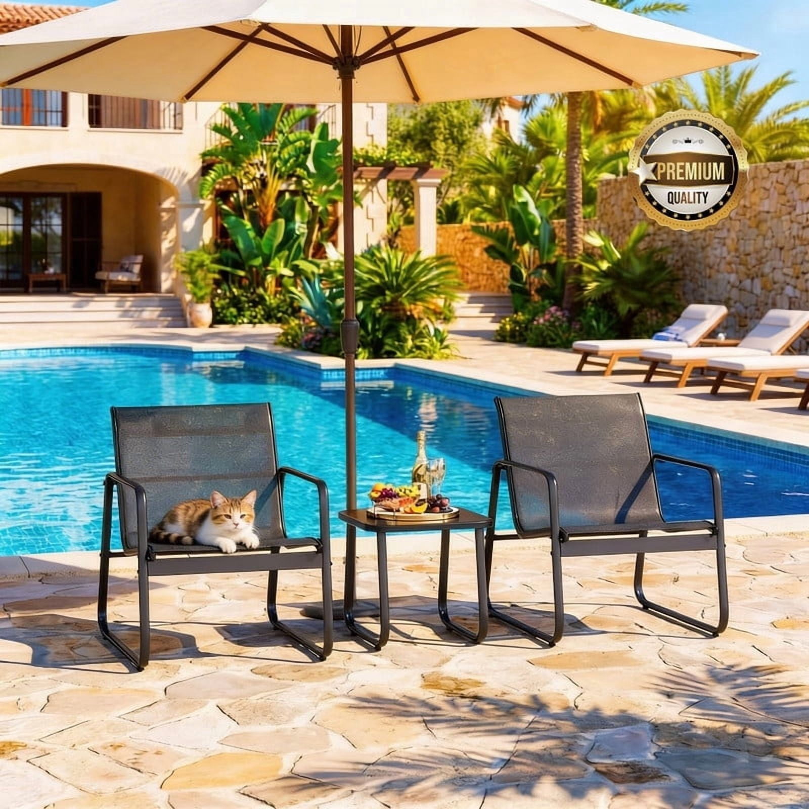 3-Piece Outdoor Patio Furniture Set, Modern Textilene Conversation Set with Coffee Table, All-Weather Bistro Set for Lawn, Balcony, Backyard, and Porch, Black