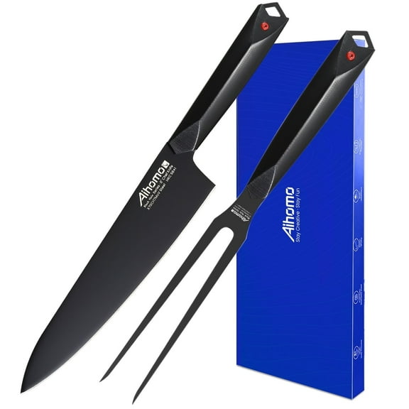 Aihomo Black Carving Knife & Fork Set, 8" Chef Knife & 12" Carving Fork High Carbon Stainless Steel, Full Tang Knives with G10 Handle