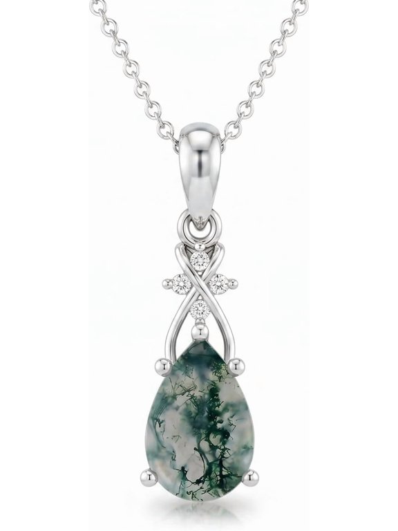 Aihpos Natural Moss Agate Necklaces For Women 925 Sterling Silver Green Moss Pendant With 18''+2'' Chain Moss Agate Jewelry Necklace for her