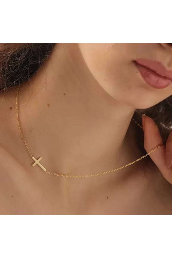 Aihua Gothic Style Dainty Gold Color Sideways Cross 14K Yellow Gold Necklace for Women Crucifix Jewelry Simple Choker Collar Party Gift