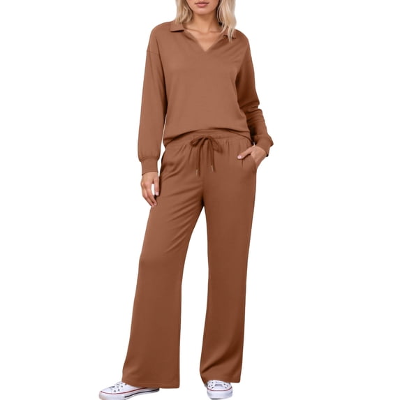 Aihuaihua 2 Piece Sets for Women 2025 Fall Outfits Sweatsuit Oversized Sweatshirt Drawstring Wide Leg Sweatpants Matching Set Tracksuit Brown