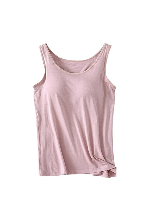 2024 Summer Women's Built In Bra Tank Top Casual Crew Neck Sleeveless Camisole Plus Size Padded Workout Tops