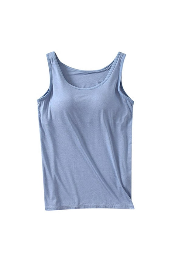2024 Summer Women's Built In Bra Tank Top Casual Crew Neck Sleeveless Camisole Plus Size Padded Workout Tops