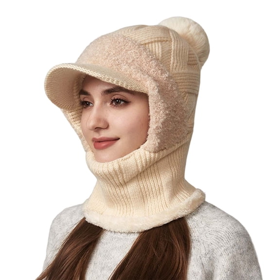 Aihuaihua 3 in 1 Beanie Hat with Scarf and Mask with Brim, 3 in 1 Beanie Hat for Women, Fall Winter Warm Knitted Windproof Balaclava Scarf with Pom Pom