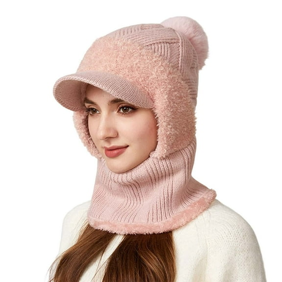 Aihuaihua 3 in 1 Beanie Hat with Scarf and Mask with Brim, 3 in 1 Beanie Hat for Women, Fall Winter Warm Knitted Windproof Balaclava Scarf with Pom Pom