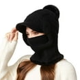 thumbnail image 1 of Aihuaihua 3 in 1 Beanie Hat with Scarf and Mask with Brim, 3 in 1 Beanie Hat for Women, Fall Winter Warm Knitted Windproof Balaclava Scarf with Pom Pom, 1 of 5