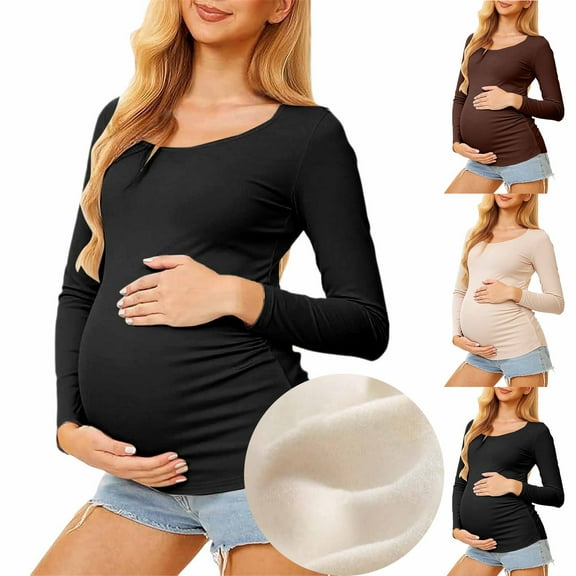 Aihuaihua 3 Pack Maternity Shirts Long Sleeve Pregnancy Top for Women Mock Neck Casual Tee Shirts Winter Warm Undershirt Maternity Clothes for Fall Beige & Black & Coffee