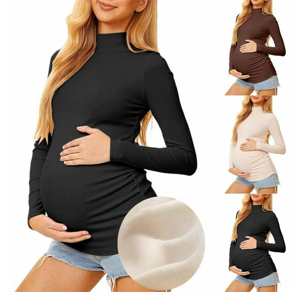Aihuaihua 3 Pack Maternity Shirts Long Sleeve Pregnancy Top for Women Mock Neck Casual Tee Shirts Winter Warm Undershirt Maternity Clothes for Fall Beige & Black & Coffee