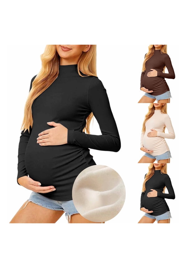3 Pack Maternity Shirts Long Sleeve Pregnancy Top for Women Mock Neck Casual Tee Shirts Winter Warm Undershirt Maternity Clothes for Fall Beige & Black & Coffee