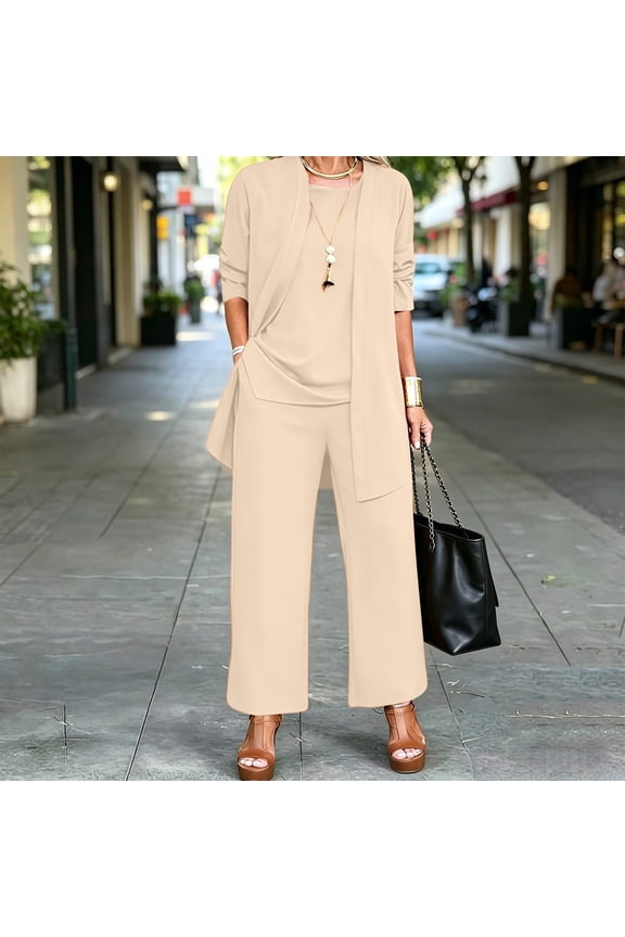 3 Piece Travel Outfits for Women Dressy Pant Suit Long Sleeve Cardigan Top Wide Leg Pants Comfy Casual Lounge Matching Sets 2026 Beige M