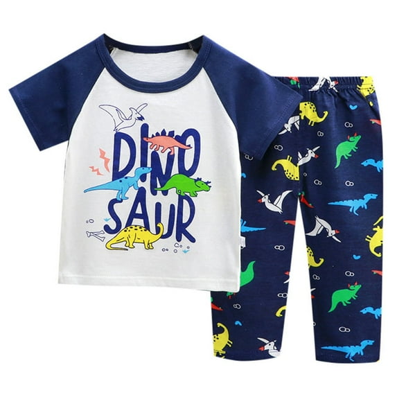 Aihuaihua 4t Pajamas Boys Round Neck Short Sleeve Trousers Set Cartoon Dinosaur Soft Home Outfit 2 Piece Summer Loungewear Dark Blue,130