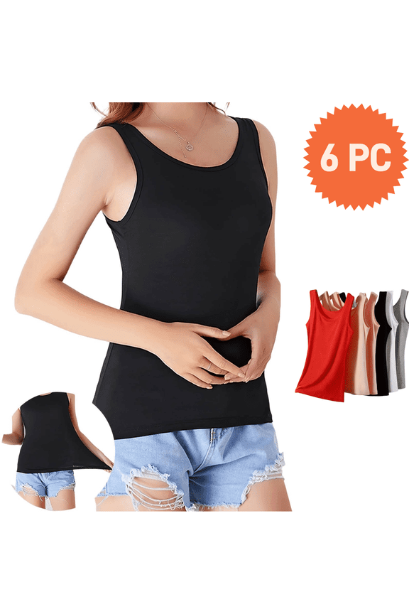 6 Pack Tank Top for Women Sleeveless Wide Strap Stretch Scoop Neck Basic Cami Shirts Summer Workout Yoga Camisole Tops Red L