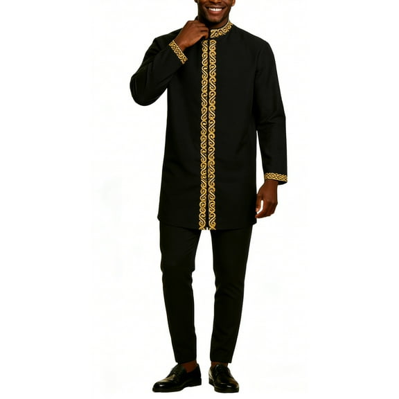 Aihuaihua African Embroidery Suit for Men Dashiki Coats and Pants 2 Piece Set Wedding Evening Outfits Slim Fit Outwear Jacket Clothes Black L