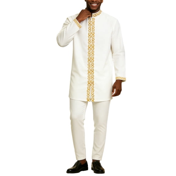 Aihuaihua African Embroidery Suit for Men Dashiki Coats and Pants 2 Piece Set Wedding Evening Outfits Slim Fit Outwear Jacket Clothes White L