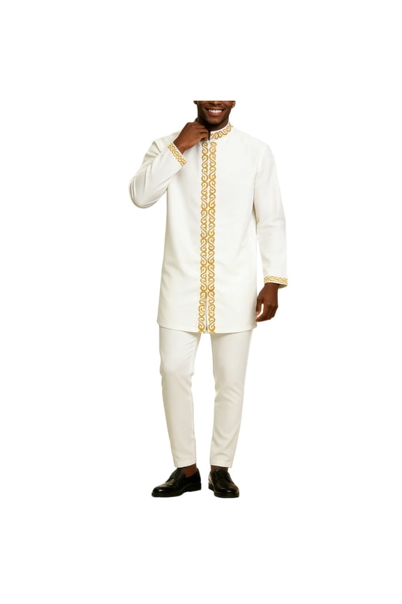 African Embroidery Suit for Men Dashiki Coats and Pants 2 Piece Set Wedding Evening Outfits Slim Fit Outwear Jacket Clothes White L