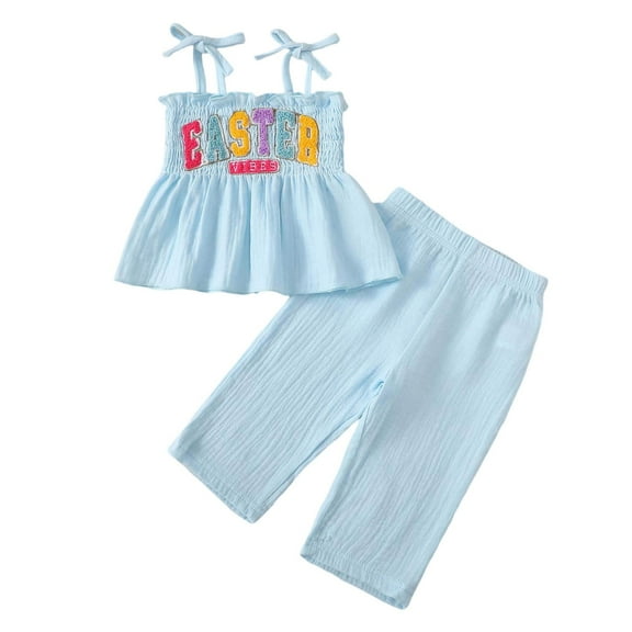 Aihuaihua Baby Girl Easter Outfit 2T Sleeveless Easter Print Sling Top & Soft Pants Summer 2 Piece Outfit Blue,9-12 Months