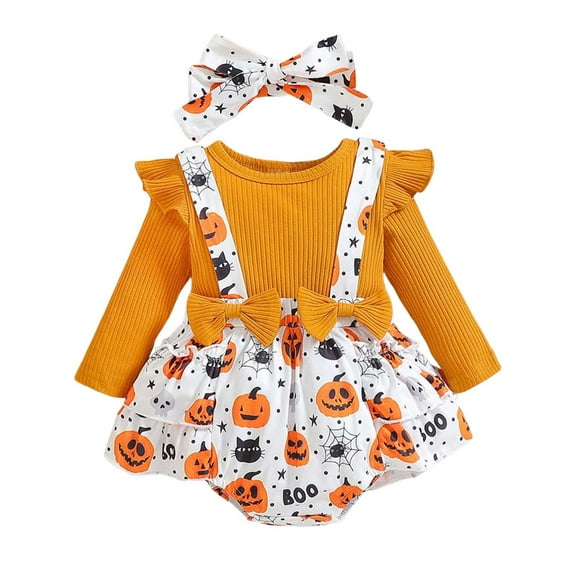 Aihuaihua Baby Girls Halloween Bodysuit Long Sleeve Romper with Ruffle Skirt Pumpkin Print Clothes with Bow Hairband for Toddlers