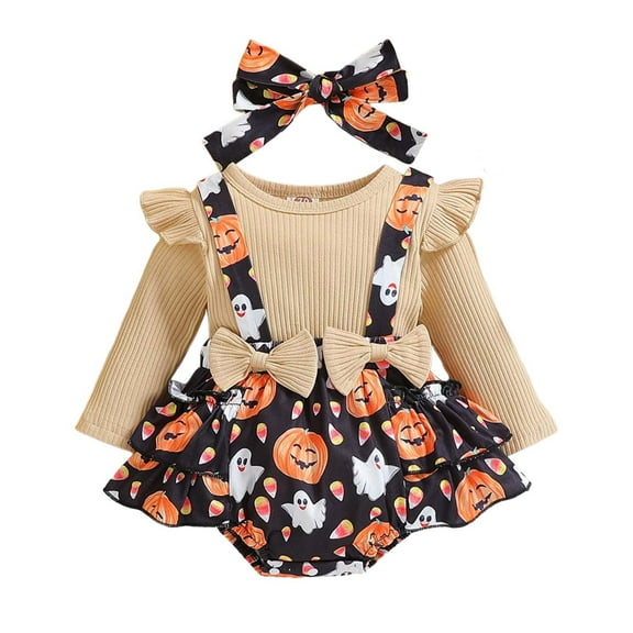 Aihuaihua Baby Girls Halloween Bodysuit Long Sleeve Romper with Ruffle Skirt Pumpkin Print Clothes with Bow Hairband for Toddlers