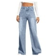thumbnail image 1 of Aihuaihua Baggy Jeans for Women Casual Straight Leg Solid Button High Waisted Trendy Stretchy Wide Leg Denim Pants with Pockets Blue S, 1 of 6