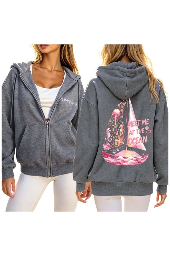 Beach Hoodies for Women Cute Oversized Meet Me At The Ocean Casual Travel Pullover Trendy Preppy Y2K Long Sleeve Beachwear Dark Gray