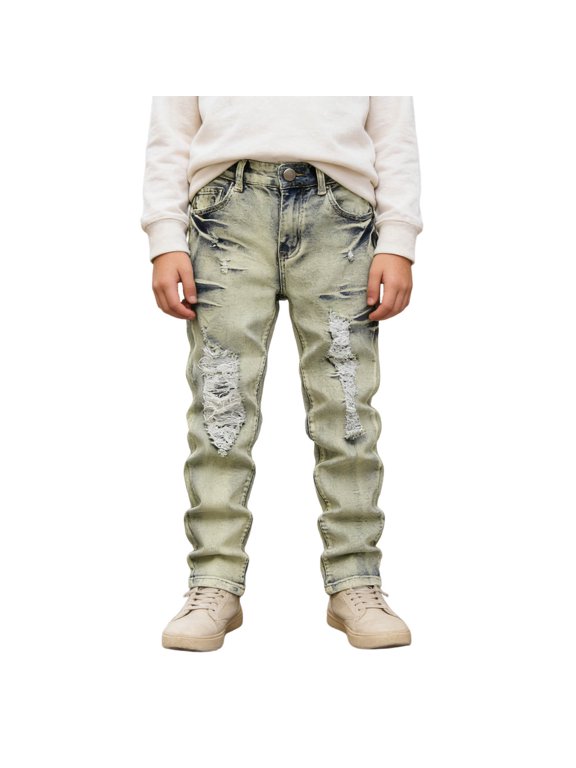Boy's Slim Fit Ripped Distressed Retro Denim Pants Light Yellow