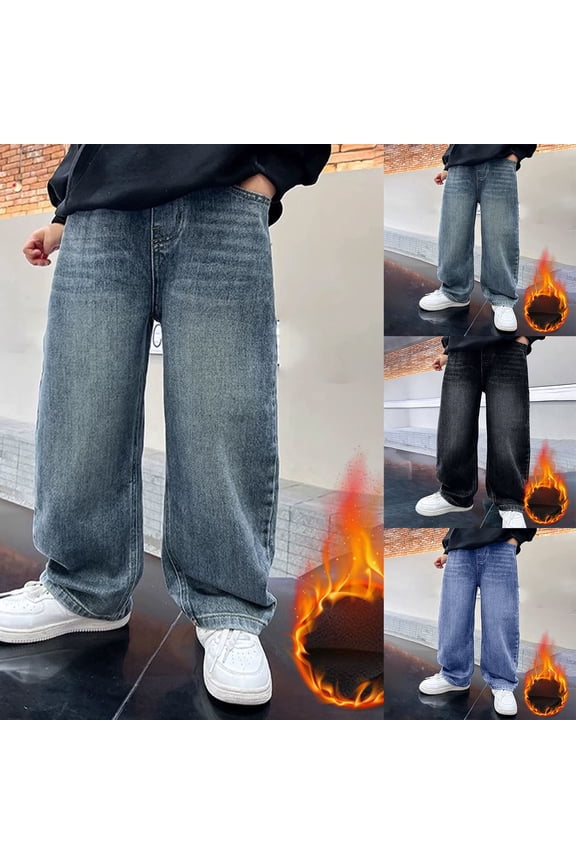 Boys Lined Jeans Kids Winter Thicken Thermal Warm Straight Leg Jeans Elastic Waist Denim Pants 4-12 Years