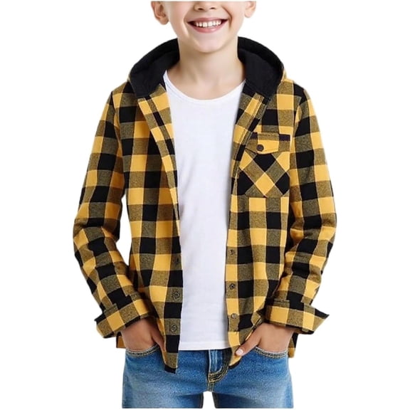 Aihuaihua Boys Plaid Button Down Shirt Kids Long Sleeve Casual Plaid Lightweight Jacket Teen Girls Coat with Hood Back to School Preppy Clothes Unisex Size 5-16T