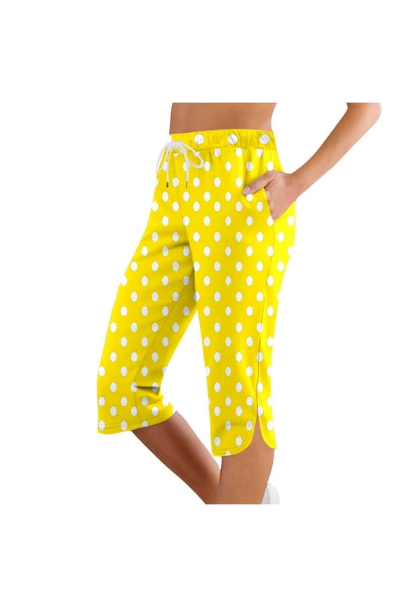 Capris Pants for Women, Polka Dot Print Summer Casual Cropped Pants Side Silt Drawstring Loose Trousers Yellow S
