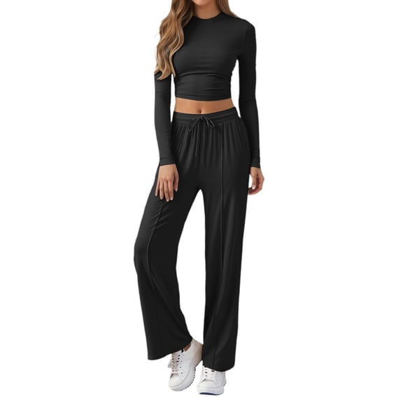 Aihuaihua Casual 2 Piece Sets for Women Fall Outfits 2025 Crewneck Long Sleeve Crop Top Wide Leg Drawstring Pants Matching Lounge Set Airport Outfits Black