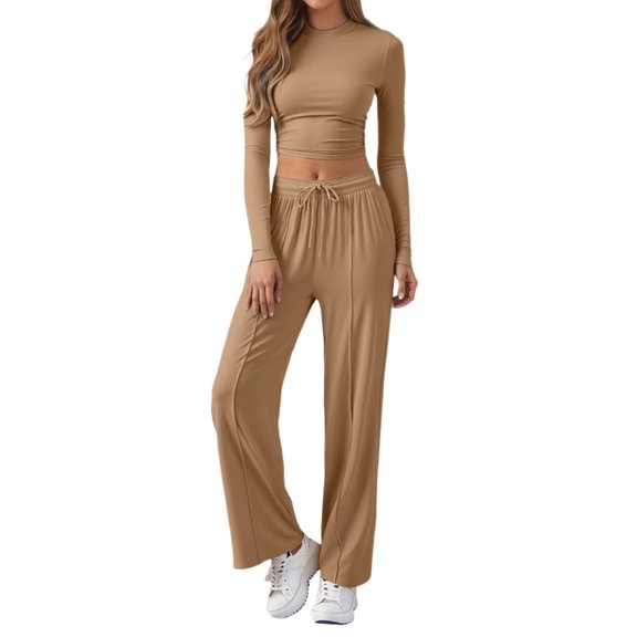Aihuaihua Casual 2 Piece Sets for Women Fall Outfits 2025 Crewneck Long Sleeve Crop Top Wide Leg Drawstring Pants Matching Lounge Set Airport Outfits Khaki