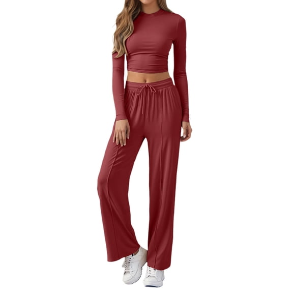 Aihuaihua Casual 2 Piece Sets for Women Fall Outfits 2025 Crewneck Long Sleeve Crop Top Wide Leg Drawstring Pants Matching Lounge Set Airport Outfits Red