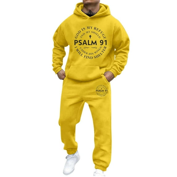 Aihuaihua Casual 2 Piece Sweatsuit for Men Jesus Christian Faith Psalm 91 Tracksuit Jogging Vintage Fashion Athletic Outfits Yellow M
