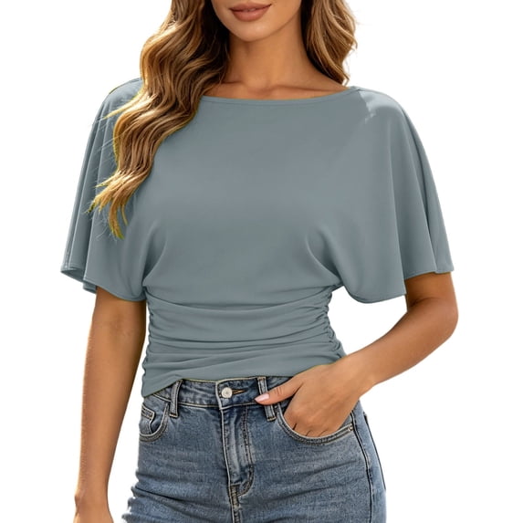 Aihuaihua Cinched Waist Tops for Women Summer Boat Neck Short Sleeve Y2k Clothes Casual Loose Fit Ruched T Shirts Spring Summer Clothes
