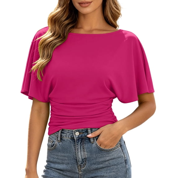 Aihuaihua Cinched Waist Tops for Women Summer Boat Neck Short Sleeve Y2k Clothes Casual Loose Fit Ruched T Shirts Spring Summer Clothes
