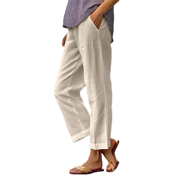 Aihuaihua Cotton Linen Floral Cropped Pants for Women Summer Elastic Waist Straight Wide Leg Boho Beach Trouser with Pockets Beige XL