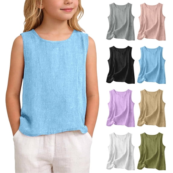 Aihuaihua Dressy Tank Tops for Girl Linen Gauze Shirts Sleeveless Crewneck Summer Beach Tunic Top Loose Fit Lightweight Casual Blouses Light Pink 13-14 Years