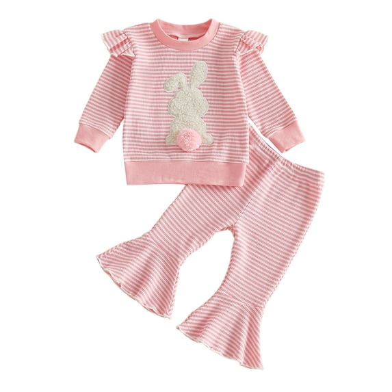 Aihuaihua Easter Bunny Embroidered Striped Sweatshirt With Flared Pants Soft Knit Two Piece Outfit For Toddler And Preschool Girls Baby Easter clothing set