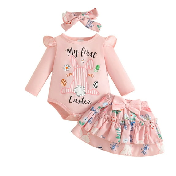 Aihuaihua Easter Outfit Set for Baby Girls Long Sleeve Romper with Printed Skirt and Headband Accessories Children's Easter clothes and cardigan set
