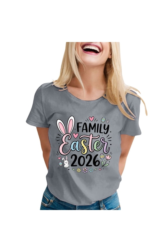 Easter Shirts for Women Rabbit Bunny Eggs T Shirt Happy Easter Day Graphic Short Sleeve Tee Tops Grey XXL