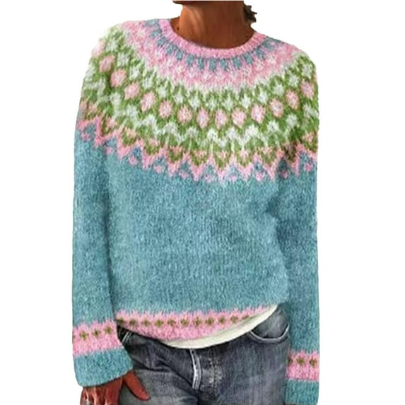 Aihuaihua Fair Isle Sweater Women Knitted Sweaters Vintage Floral Icelandic Crew Neck Knit Pullover Sweater Long Sleeve Fall Winter Pullover Fall Clothes 2025 Fasion