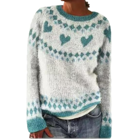 Aihuaihua Fair Isle Sweater Women Knitted Sweaters Vintage Floral Icelandic Crew Neck Knit Pullover Sweater Long Sleeve Fall Winter Pullover Fall Clothes 2025 Fasion