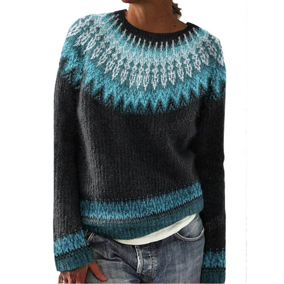 Aihuaihua Fair Isle Sweater Women Knitted Sweaters Vintage Floral Icelandic Crew Neck Knit Pullover Sweater Long Sleeve Fall Winter Pullover Fall Clothes 2025 Fasion
