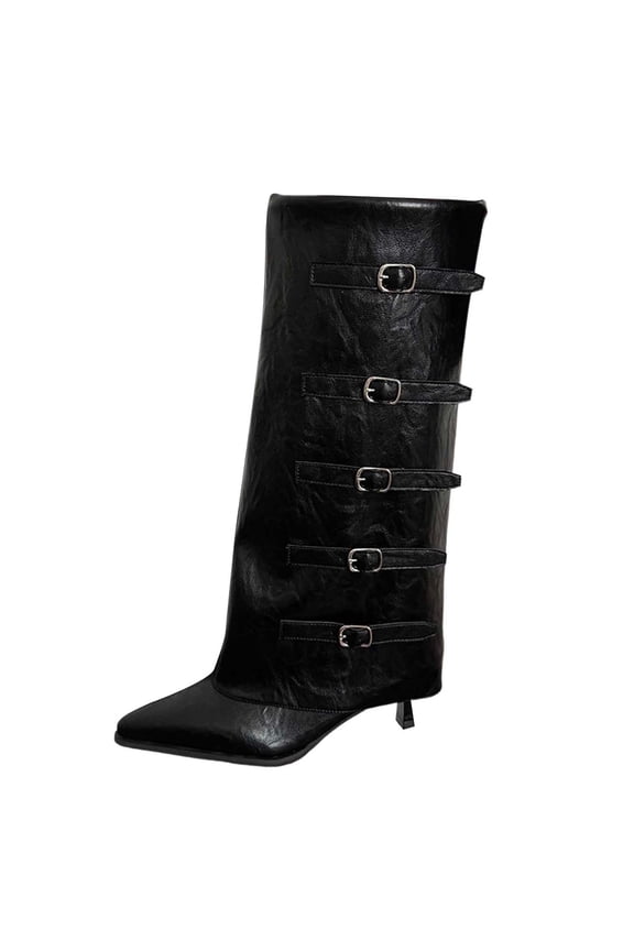 Fold Over Boots for Women Pointy Pull-on Wedge Heel Knee Shark Boot With Side Zipper Padlock Design