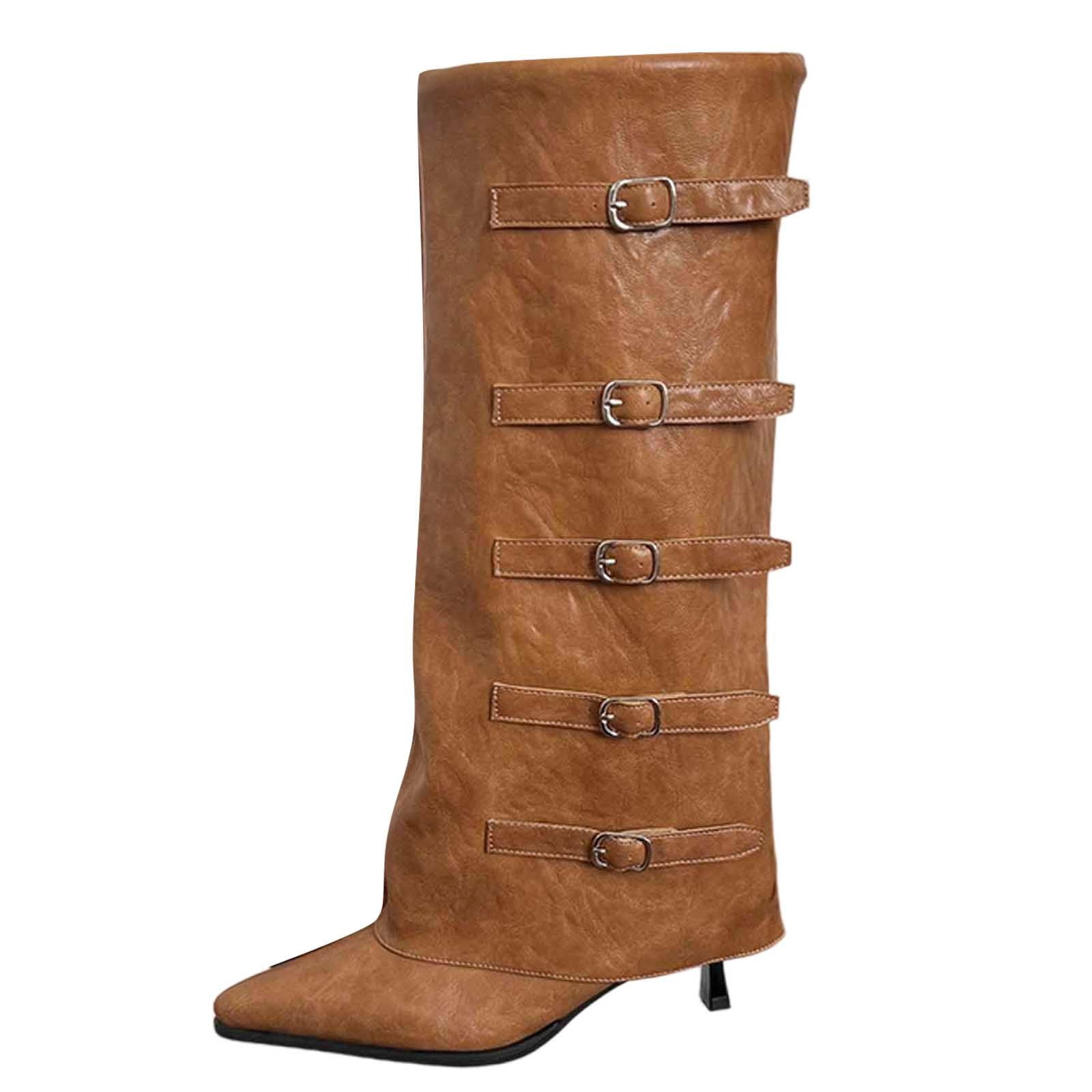Aihuaihua Fold Over Boots for Women Pointy Pull-on Wedge Heel Knee ...